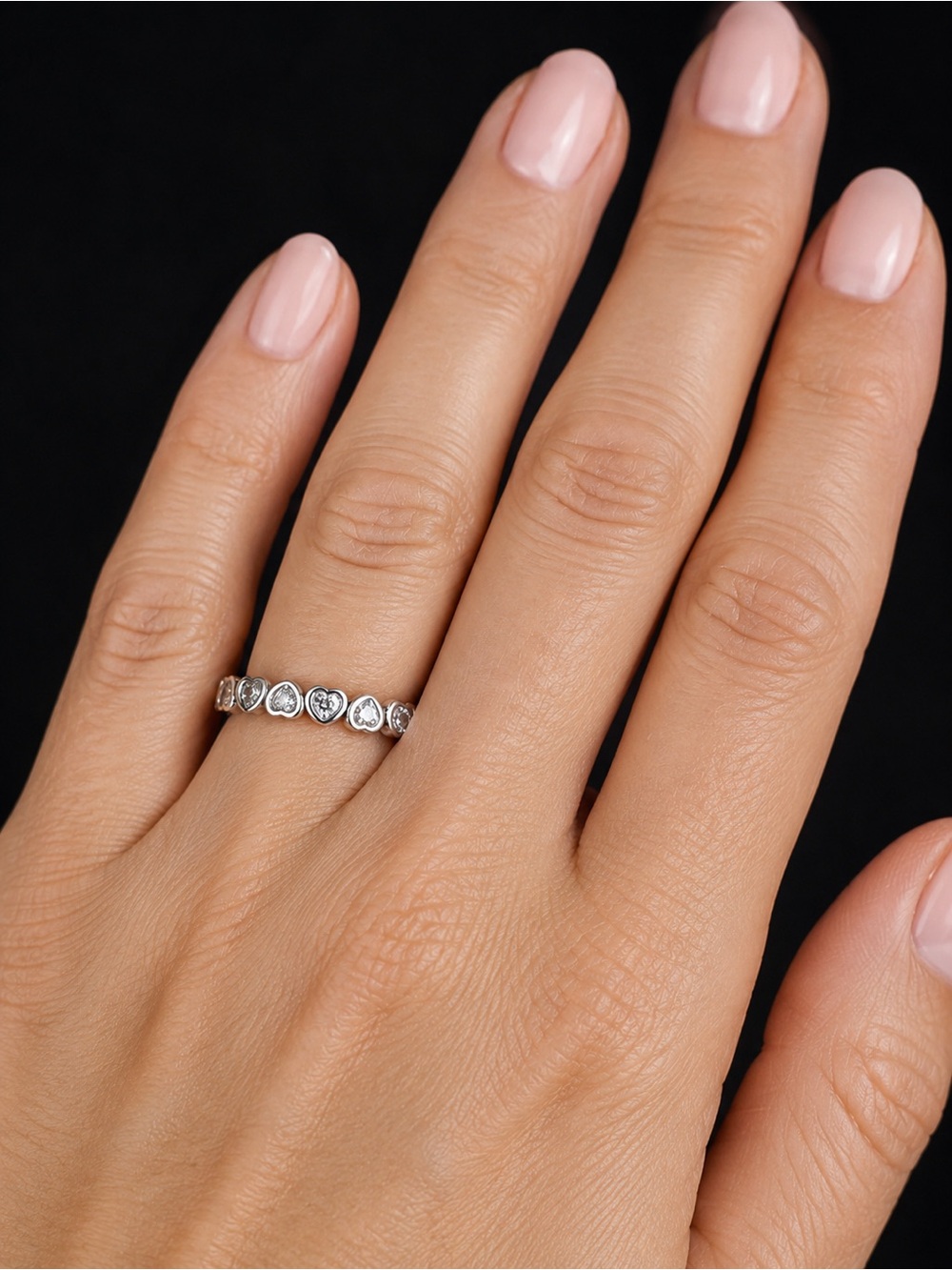 Pandora ALE 925 Sterling Silver Forever More Clear CZ Hearts Stacking Band Ring